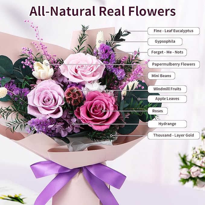 Preserved Flowers Bouquet, Real Eternal Flowers, Gifts For Women, Birthday Gifts For Mom Friends Her Girlfriend Sister, Valentine (Pastel Lilac)
