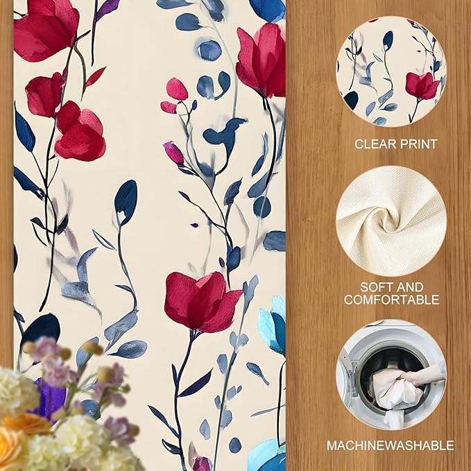 Elegant Watercolor Floral Table Runner – 13x72 Inch Linen-Look Fabric with Red, Blue & Purple Blooms on Beige Background, Perfect for Dining Room, Kitchen & Home Decor