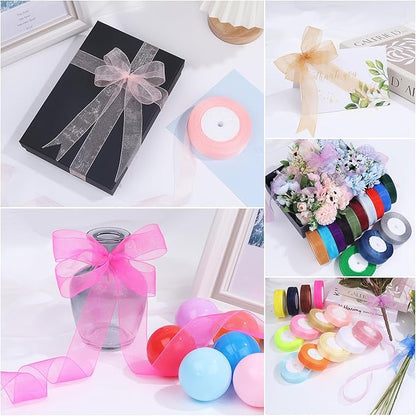 3/4 Inch x 50 Yards Sheer Organza Ribbon Chiffon Ribbon for Gift Wedding Flower Bouquet Wrapping Decorations Crafts (Pink)