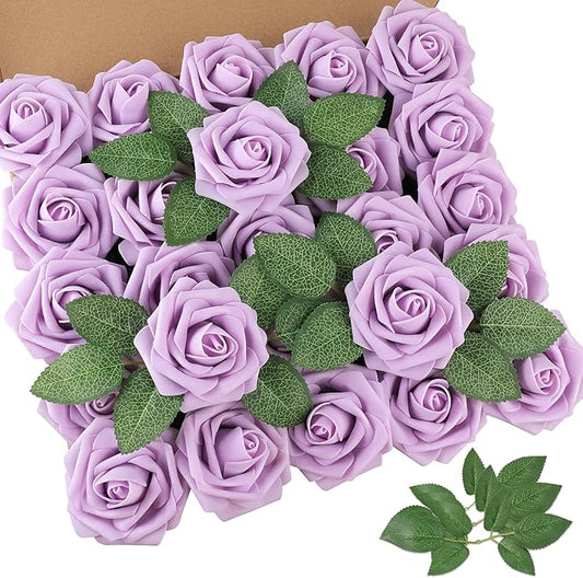 AmyHomie 25pcs Real Looking Artificial Lavender Roses w/Stem for DIY Wedding Bouquets Centerpieces Arrangements Party Baby Shower Valentines Day Christmas Tree Decorations