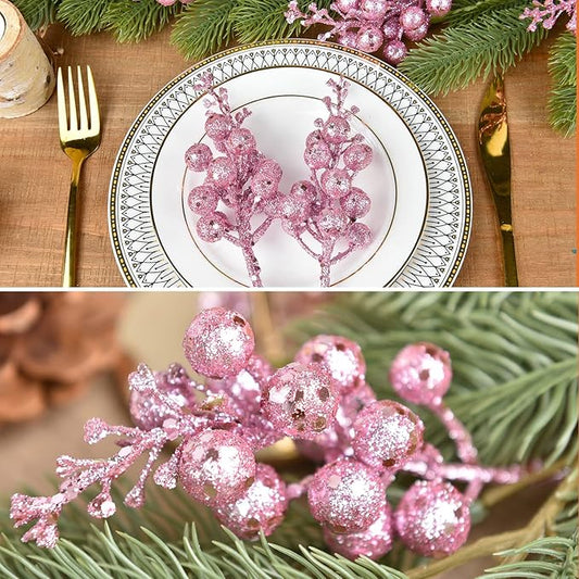 DearHouse 14 Pack Christmas Glitter Berries Stems, 7.8Inch Artificial Christmas Picks for Christmas Tree Ornaments, DIY Xmas Wreath, Crafts, Holiday and Home Decor (Pink)