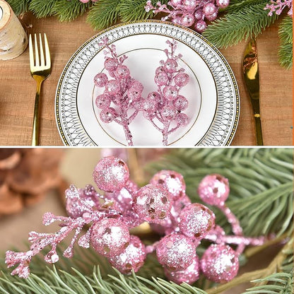 Lvydec 16pcs Christmas Glitter Berry Stems Clearance, 7.8" Artificial Christmas Picks for Christmas Tree Ornaments, DIY Xmas Wreath, Crafts, Holiday and Home Decor (Pink)