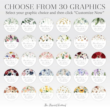 Personalized Floral Wedding Stickers with Your Choice of 30 Flower Styles - Choose Font and One of Five Pre-made Phrases or Add Custom Text (017 - Burgundy and Pink Flowers)
