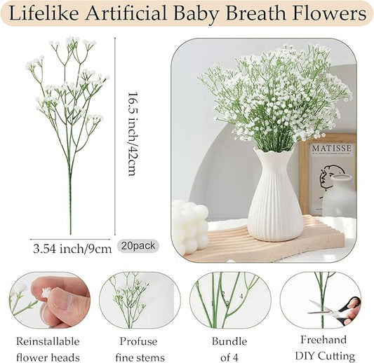 20Pcs Babys Breath Artificial Flowers Bulk, 12Pcs Fake White Roses Fake Flowers, DIY Wedding Flowers Bouquet, Realistic Faux Silk Flowers for Home Table Decor