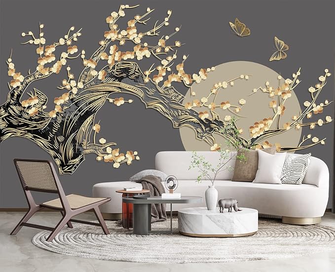 Golden Branches Butterflies Moon Wall Mural Wallpaper for Bedroom 178" x 117"