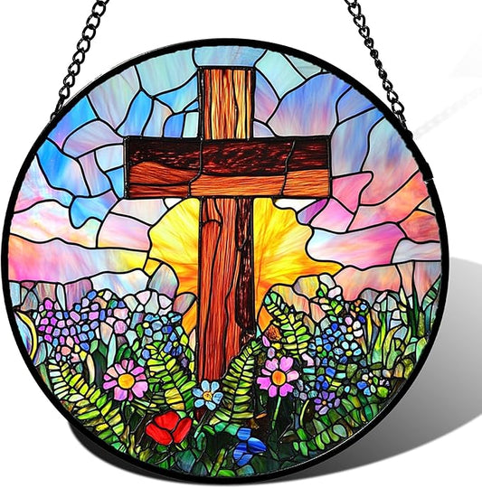 Christian Gifts for Women - Cross Stained Glass Window Hanging Jesus Easter Colorful Wildflowers Sun Catcher Garden Religion Decor Mother's Day Catholic Gift for Men Grandma Mom Her 9.8"