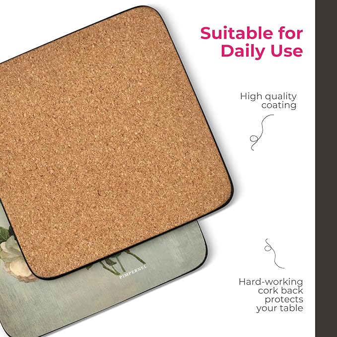Pimpernel Vintage Collection Decorative Coasters, Set of 4 – 4" Square, 5mm Cork-Backed Drink Mats with Lacquer Finish, Heat & Stain Resistant Table Accents for Dining & Furniture Protection