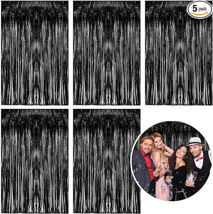 5 Pack Foil Curtain Backdrop Black Metallic Tinsel Foil Fringe Curtains Photo Booth Props for Birthday Wedding Engagement Baby Shower Bachelorette Christmas Holiday Celebration Party Decorations