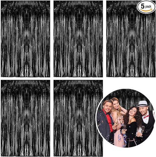 5 Pack Foil Curtain Backdrop Black Metallic Tinsel Foil Fringe Curtains Photo Booth Props for Birthday Wedding Engagement Baby Shower Bachelorette Christmas Holiday Celebration Party Decorations