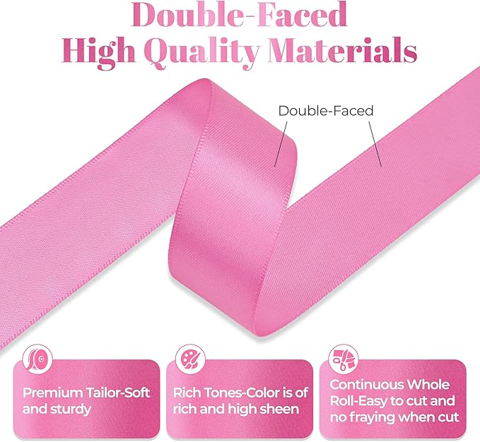 Hot Pink Satin Ribbon, Double Faced 1 Inch X 25 Yards Hot Pink Ribbon, Premium Satin for Gift Wrapping, Crafts, Hair Bow Making, Sewing, Flower Bouquet, Wedding Party Decor