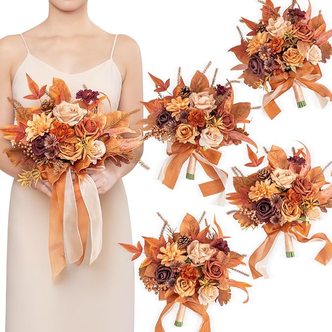 TINGE TIME 7 Inch Wedding Bouquets for Bridesmaid, Set of 4, Artificial Flowers Cascading Bridal Bouquet for Fall Wedding Ceremony Anniversary Bridal Shower and Rustic Vintage Wedding (Maple Red)