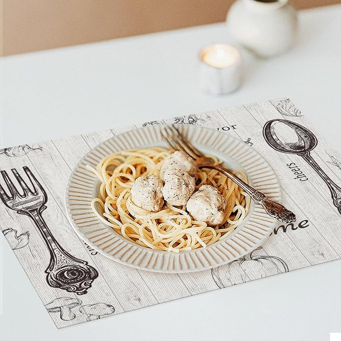 Vegetable Placemats Vintage Rustic Wooden Plank Kitchen Utensils Cutlery Tomato Pumpkin Mushroom Carrot Placemats Table Kitchen Dining Party 12x18 Inch Set of 4