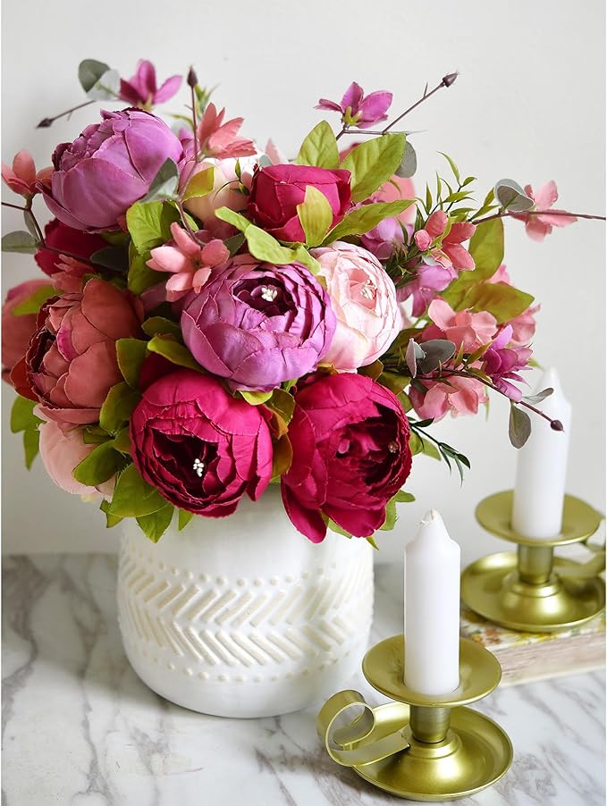 FiveSeasonStuff Mystic Blush Silk Peony & Hydrangea Bouquet with 2 Gold Taper Candle Holders; Vintage-Inspired Artificial Flowers for Weddings & Home Decor