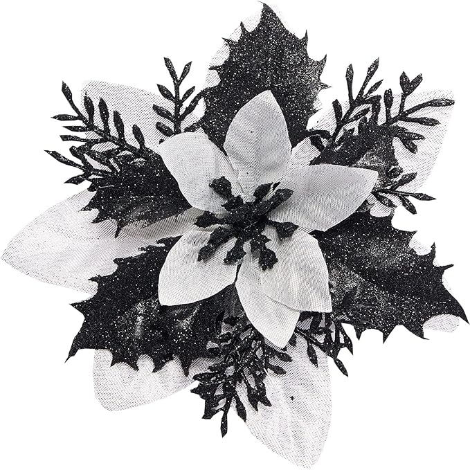 15Pcs Christmas Poinsettia Artificial Flowers Decorations, Glitter Poinsettia Christmas Tree Ornaments, Black Tree Flowers for Xmas/Wedding/Holiday/Wreath/Garland Decor, with Cilps, 5.5 Inch