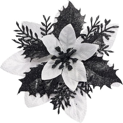 15Pcs Christmas Poinsettia Artificial Flowers Decorations, Glitter Poinsettia Christmas Tree Ornaments, Black Tree Flowers for Xmas/Wedding/Holiday/Wreath/Garland Decor, with Cilps, 5.5 Inch