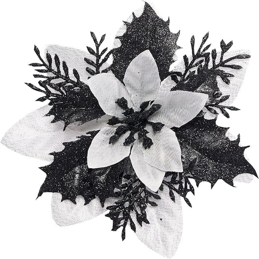 15Pcs Christmas Poinsettia Artificial Flowers Decorations, Glitter Poinsettia Christmas Tree Ornaments, Black Tree Flowers for Xmas/Wedding/Holiday/Wreath/Garland Decor, with Cilps, 5.5 Inch