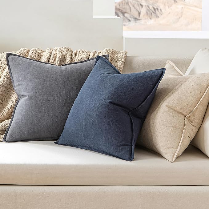 MIULEE Decorative Linen Pillow Covers 20x20 Inch Indigo Blue Boho Farmhouse Neutral Couch Throw Pillows for Bed Pack of 2 Accent Coastal Modern Pillowcase Summer Sofa Livingroom Home Decor
