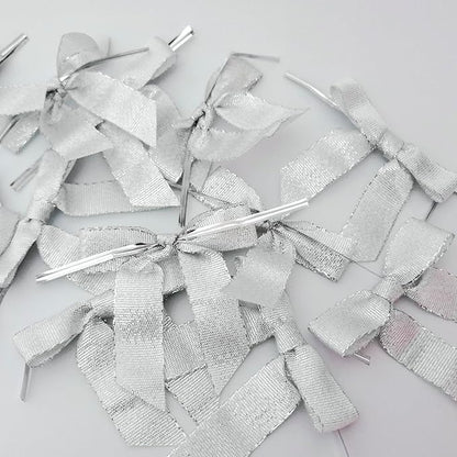 50pcs 2-1/2" Metallic Satin Silver Bows for Crafts Pretaied Christmas Bows with Twist Ties Hot Cut Tails for Christmas Decoration (Silver)