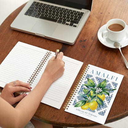 VIIJJUE Italian Amalfi Coast Lemon Notebook Journal, Blue and White Floral Mediterranean Tiles Lemons Tree Gifts Notebook, Hardcover Spiral Journal 5.5x8.3 Inch