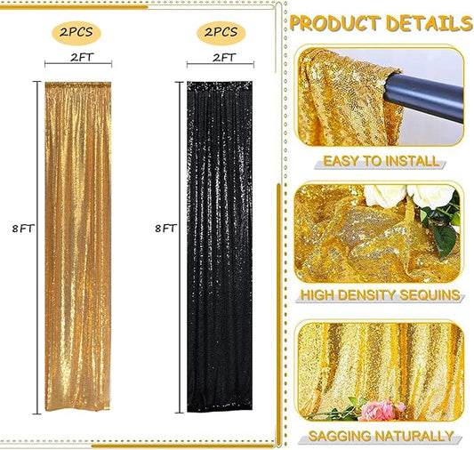 Black Gold Sequin Backdrop Curtain 4 Panels 2FTx8FT Glitter Background Drapes Sparkle Photography Backdrop for Party Wedding Birthday Wall Decoration