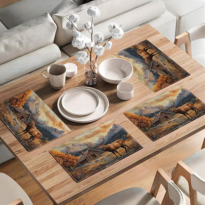 Farmhouse Deer Placemats Set of 4, Country Natural Place Mats, Rustic Forest Lodge Elk Wildlife Dining Table Mats, Washable Placemats for Kitchen Dining Room 18L'' × 12W''