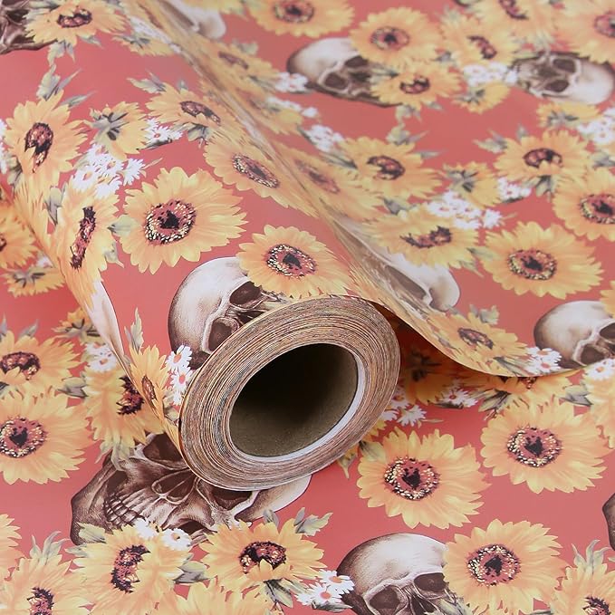 Aimyoo Orange Skull Sunflower Wrapping Paper Jumbo Roll 17 in x 60ft, Horror Gothic Gift Wrap Paper for Halloween Wedding Bridal Shower