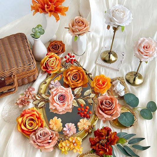 Artificial Flowers Combo Box Silk Burnt Orange Roses with Stems Sunset Terracotta DIY Bridal Wedding Bouquets Fall Boho Cake Fake Floral Arrangements Baby Shower Party Table Centerpieces Home Decor