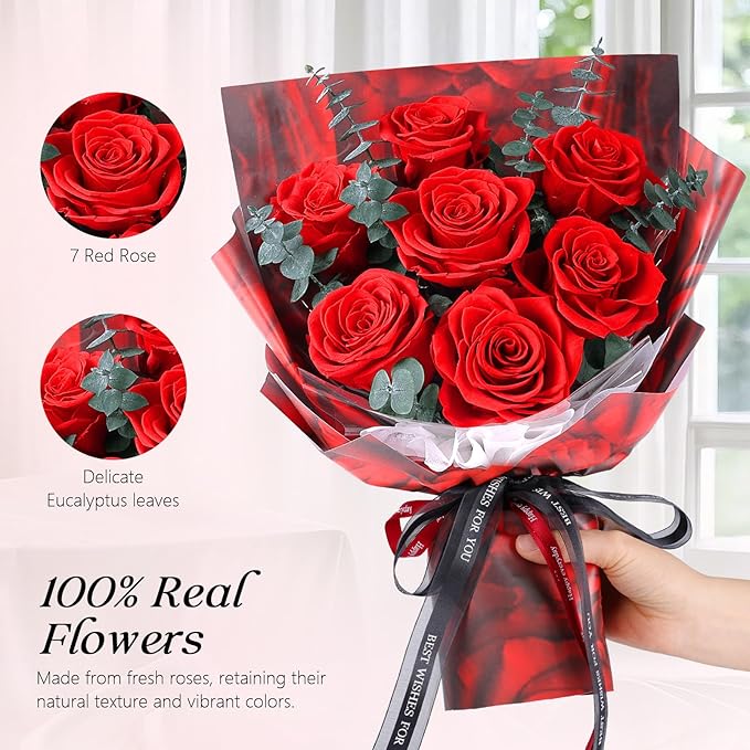Preserved Flowers Bouquet 7 Roses - Red Real Rose & Flowers for Delivery, Long-Lasting Flower with Gift Box, Eternal Roses Bouquet for Mothers, Mom, Wife, Anniversary Birthday Gifts for Women