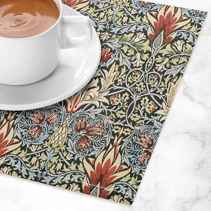 Vintage Flower Placemats Set of 4, William Morris Retro Boho Botanical Plant Place Mats, Heat Resistant Non Slip Cotton Linen Dining Table Mats for Home Kitchen Party 18x12 Inch