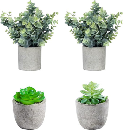 Flojery Small Fake Plants Eucalyptus Potted Mini Potted Plants Artificial Eucalyptus Boxwood Rosemary Greenery in Pots Faux Potted Herbs Small House Plants for Indoor Greenery Tabletop Set of 4