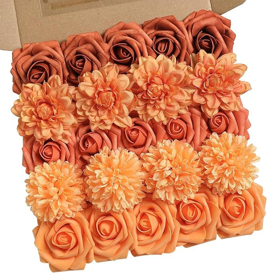 Fall Orange Artificial Flowers Combo Box Set Gradient Color Flower Leaf with Stems for DIY Wedding Bouquets Centerpieces Baby Shower Party Home Decorations
