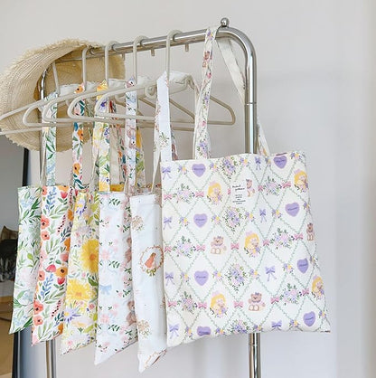 Cotton Canvas Tote Bag Reusable Soft Grocery Cloth Bag Floral Shoulder Bag for Beach Travel Shopping