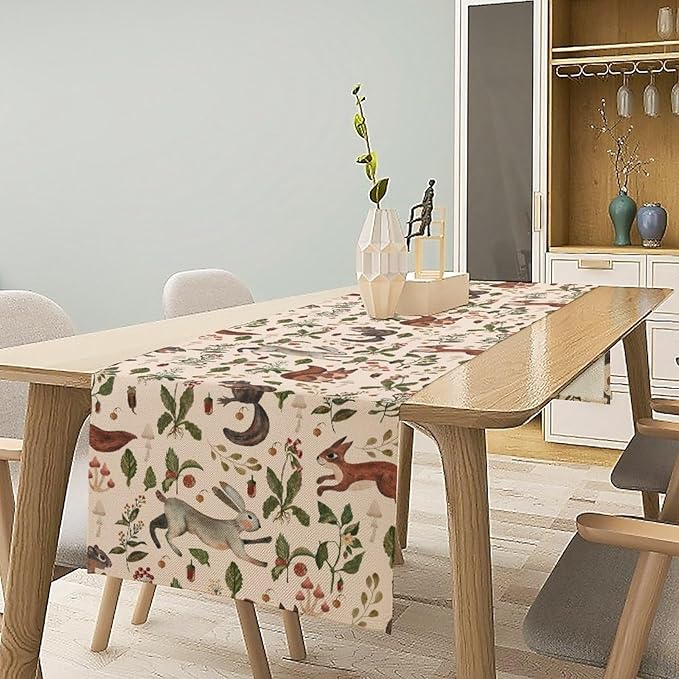 Rustic Forest Table Runner, Cartoon Woodland Wild Animals Rabbit Fox Vintage Botanical Mushroom Herbs Table Cover for Indoor Outdoor Home Decor Party, 13x70inch