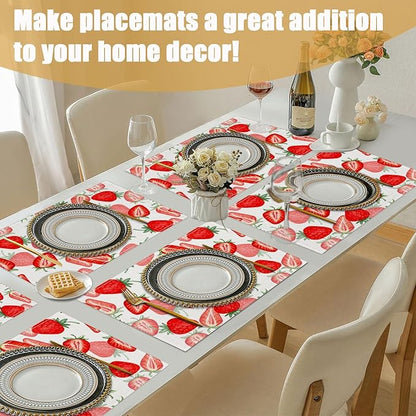 Watercolor Strawberry Placemats Set of 6, Linen Place Mat Washable Stain Resistant Table Mats for Farmhouse Kitchen Dining Holiday Party Wedding Decor 12x18 Inch
