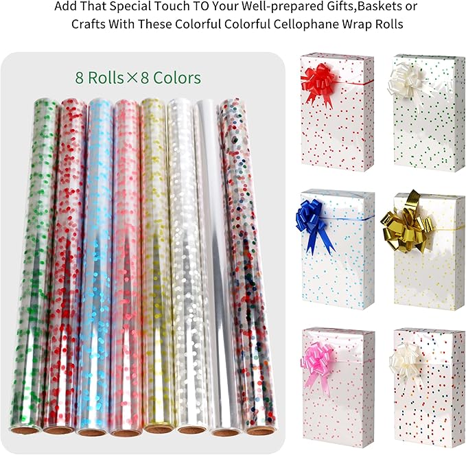 CMFYHM 8 Rolls clear Cellophane Wrap Roll (34 in x 16.4 ft x 8 Colors) Extra Wide Transparent Polka Dots Cellophane Wrapping for Gift Baskets,Flowers, DIY Craft,Baby Shower, Easter,Christmas