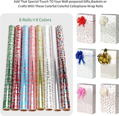 CMFYHM 8 Rolls clear Cellophane Wrap Roll (34 in x 16.4 ft x 8 Colors) Extra Wide Transparent Polka Dots Cellophane Wrapping for Gift Baskets,Flowers, DIY Craft,Baby Shower, Easter,Christmas