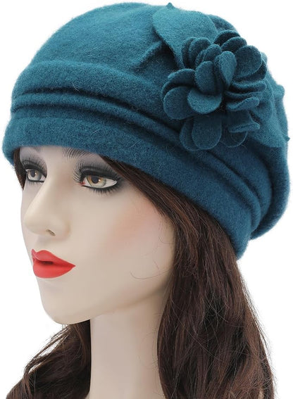 ZLYC Women Wool Cloche Bucket Hat 1920s Vintage Dress Winter Hats with Flower Accent