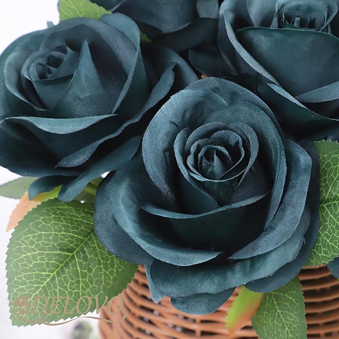 52pcs Emerald Green Roses Artificial Flowers Fake Flowers Silk Roses with Stems for DIY Wedding Bouquets Bridal Shower Centerpieces Arrangements Party Decorations