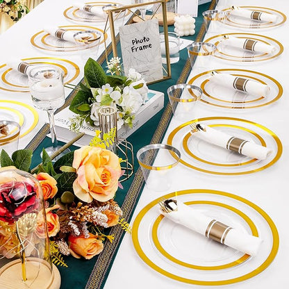 Rubtlamp 350 Pcs Clear Gold Plastic Plates, Disposable Dinnerware, Clear-Gold Plates Set Include 50 Dinner Platos 50 Dessert Platos, 50 Cups, 50 Pre Rolled Napkins with Cutlery Set for Party