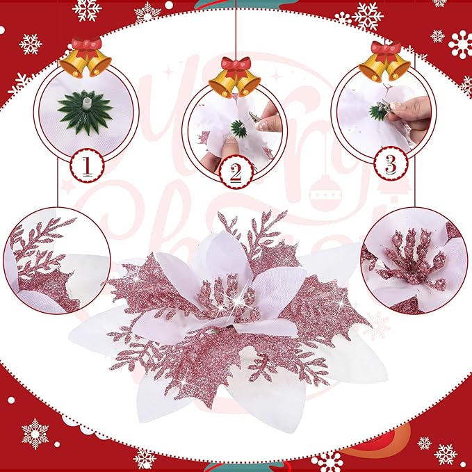 24 Christmas Glitter Artificial Poinsettia Flowers Xmas Poinsettia Artificial Wedding Flowers Decorations Xmas Tree Ornaments with Clips for Party Favors, 6 Inch, 4 Inch, 3 Inch (White Pink)