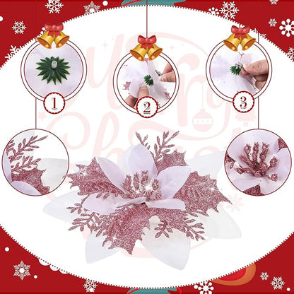 24 Christmas Glitter Artificial Poinsettia Flowers Xmas Poinsettia Artificial Wedding Flowers Decorations Xmas Tree Ornaments with Clips for Party Favors, 6 Inch, 4 Inch, 3 Inch (White Pink)