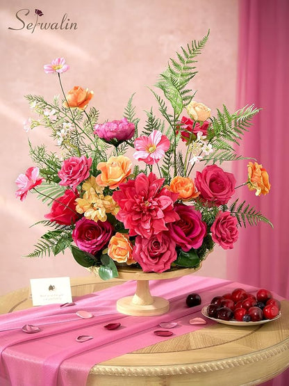 Serwalin Artificial Hot Pink & Orange Flowers, Magenta Silk Fake Flowers, Autumn Faux Flowers for Wedding Bouquet, Table Centerpieces, Home Decor