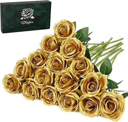 Waipfaru 16 Pcs Fake Gold Roses Artificial Flowers with Long Stems, Rose Bouquet Silk Faux Flowers for Valentines Wedding Party Vase Centerpiece Home Decor (Gold)