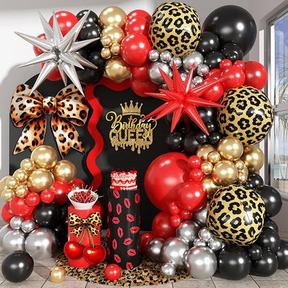 Red Black Gold Balloon Arch Garland Kit Leopard Cheetah Print Party Balloons Black Red Metallic Silver Gold Explosion Star Balloon for Girl Night Bachelorette New Year Casino Birthday Party Decoration