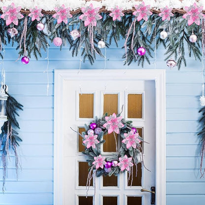 Geosar 36 Pcs Christmas Glitter Artificial Poinsettia Flowers Xmas Poinsettia Artificial Wedding Flowers Decorations Xmas Tree Ornaments with Clips for Party, 6 Inch, 4 Inch, 3 Inch(Pink and Silver)