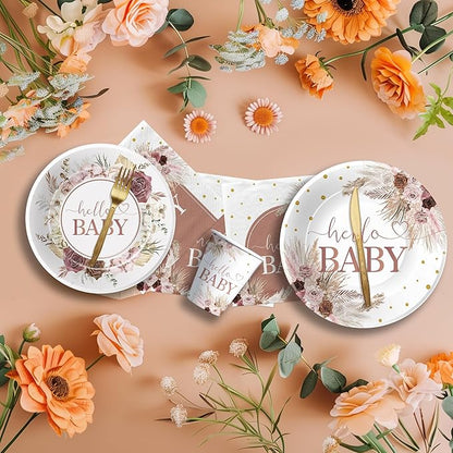 Boho Baby Shower Decorations Party Tableware - Boho Floral Pampas Grass Baby Girl Decorations, Paper Plate, Napkin, Cup, Disposable Cutlery | 24 Guests