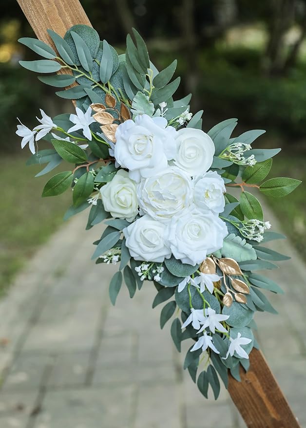 Artificial White Wedding Arch Flower Swags Set of 2 for Welcome Signs, Reception and Ceremony Decorations - Gold Floral Decor