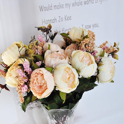 1pcs Artificial Peony Bouquet,19 Inch Silk Peony Bunch with 7 Faux Flowers,Classical Style Artificial Flowers with Leaves and Ornaments for Wedding,Home Décor Centerpieces(White)