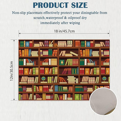 Library Book Shelf Placemats Set of 4, Linen Place Mats Heat Resistant Non-Slip Washable Table Mats for Dining Kitchen Party Decor 12"x18"