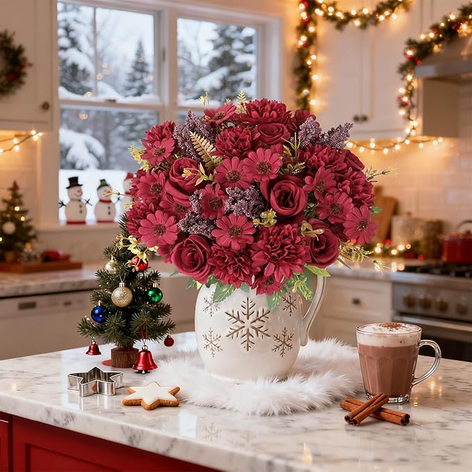 Dremisland Artificial Christmas Flowers 2 Bundles Fake Roses Silk Like Real Artificial Bouquets with Daisy Chrysanthemum Faux Flowers Arrangements for Christmas Centerpiece Table Home Decor